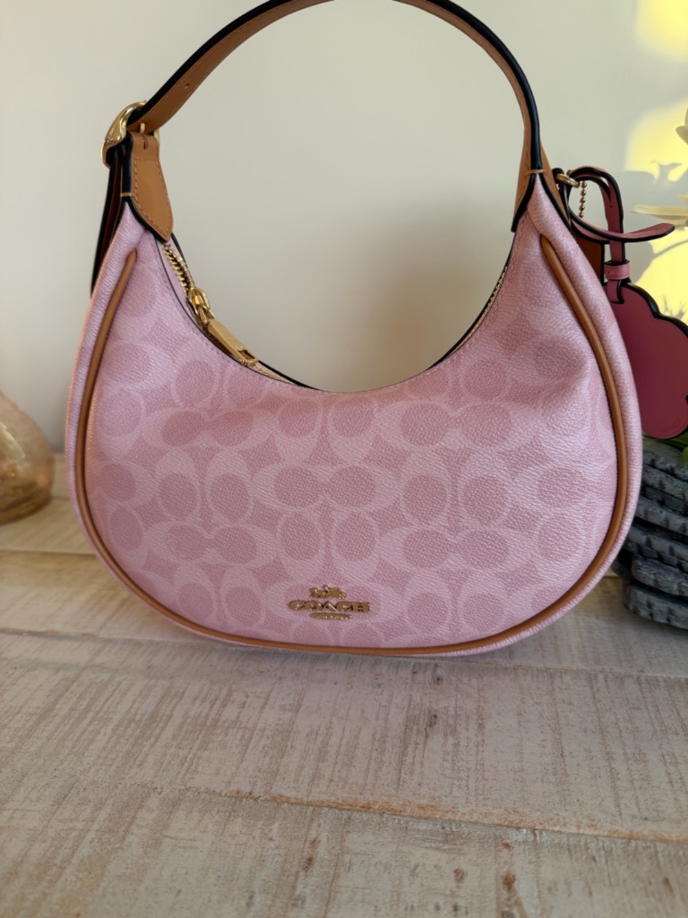 Coach Powder Pink Signature Crescent Shoulder Bag with Tan Trim